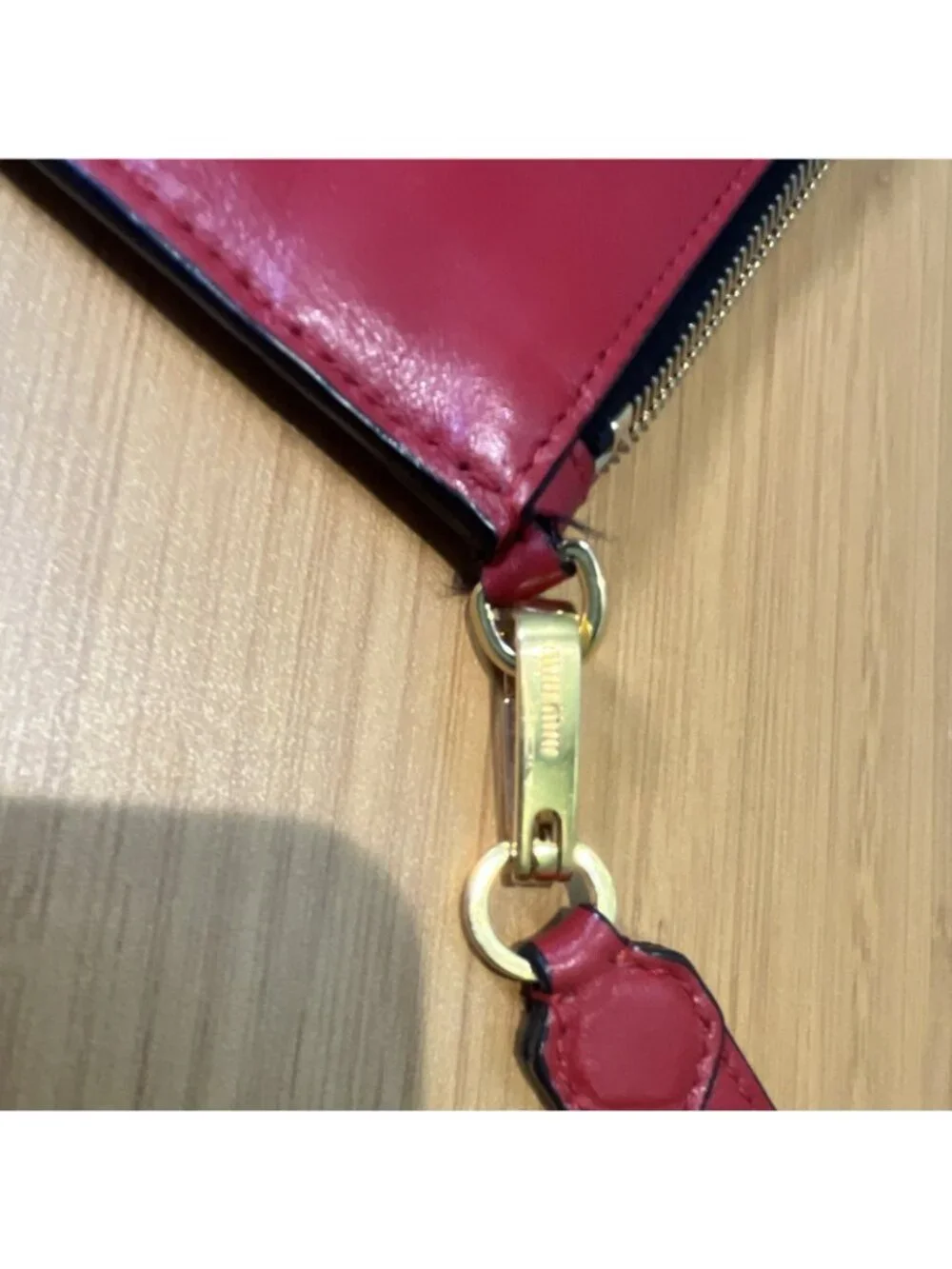 Miu Miu Red Logo Zip Wristlet Clutch Pouch w/ Wrist Strap Gold Hardware